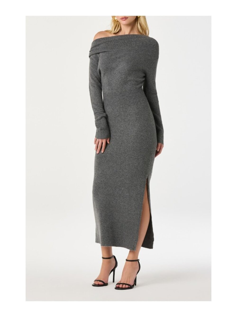 NWT ASTR THE LABEL One-Shoulder Sweater Dress Charcoal Side Slit Size L